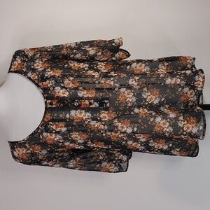 Love Squared Black Brown Lt Blue Floral Semi Sheer Chiffon Blouse Size Medium